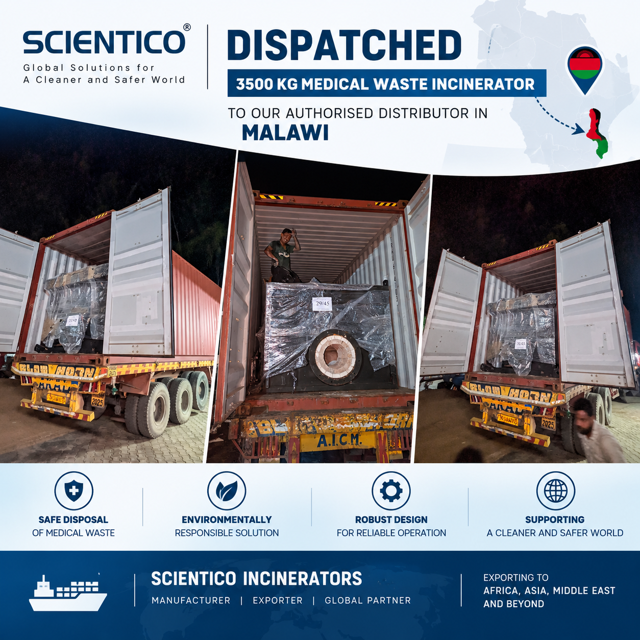 SCIENTICO 3500 kg medical waste incinerator dispatched to authorised dealer in Malawi